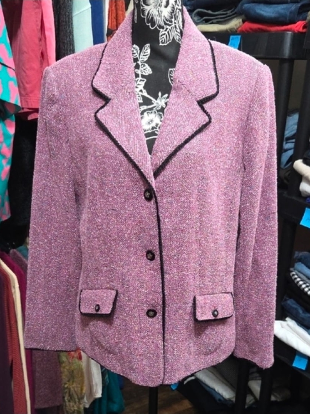 Sag Harbor Pink Tweed Blazer with Black Piping